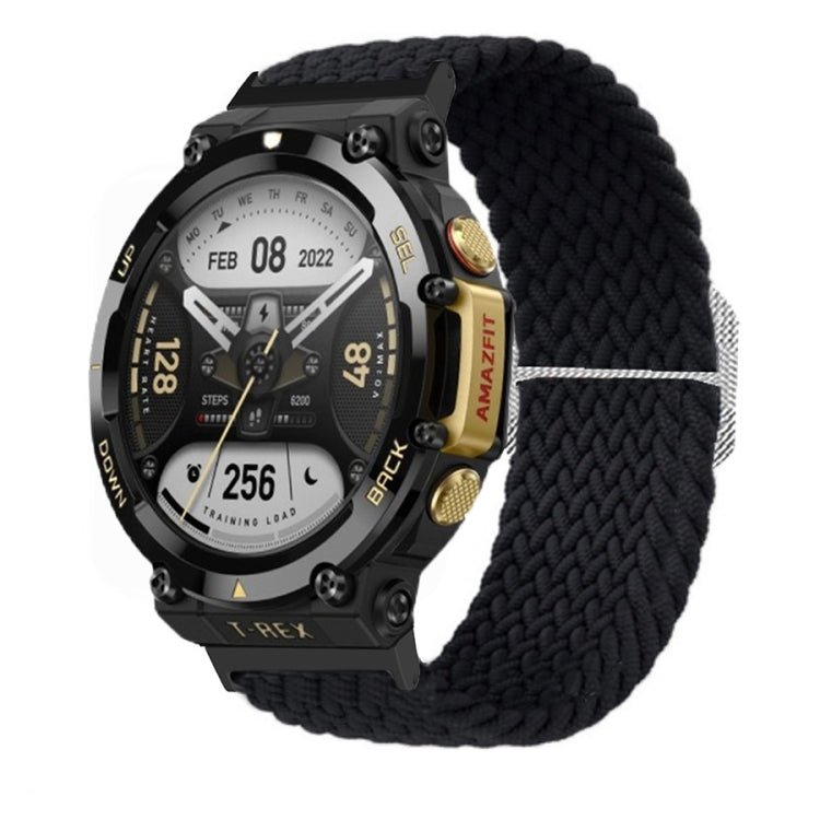 Black braided nylon watch band with adjustable buckle and chunky woven texture