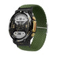 Green braided nylon watch band with adjustable buckle and contrast light-gray stitching on black watch