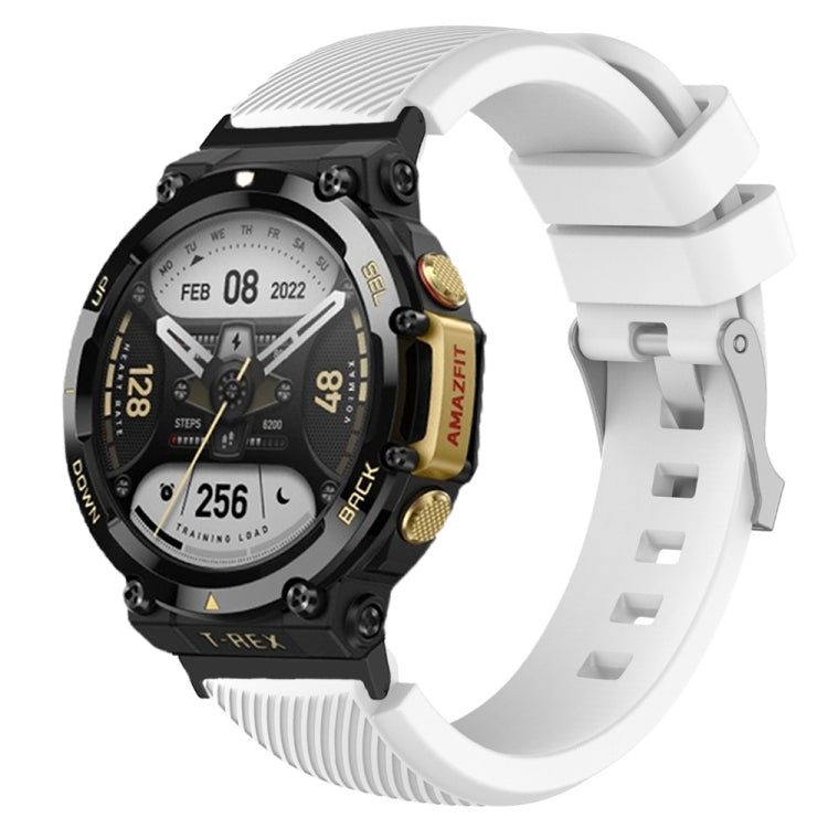 White silicone twill watch band for Amazfit T-Rex 2, textured ridged strap with buckle.