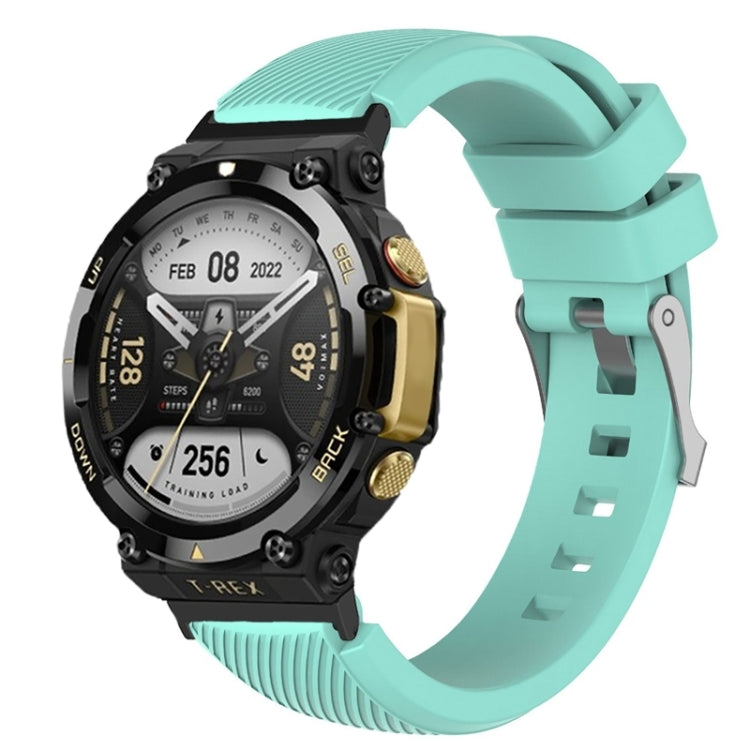 Mint green silicone twill watch band for Amazfit T-Rex 2, textured ridged strap with buckle.