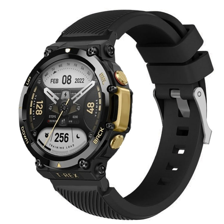 Black silicone twill watch band for Amazfit T-Rex 2, textured ridged strap with buckle.