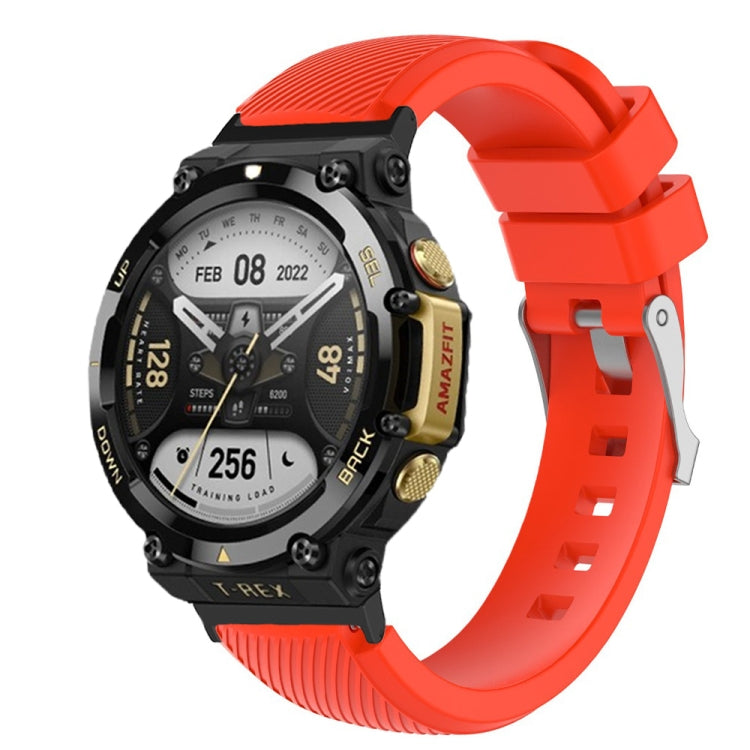 Red silicone twill watch band for Amazfit T-Rex 2, textured ridged strap with buckle.