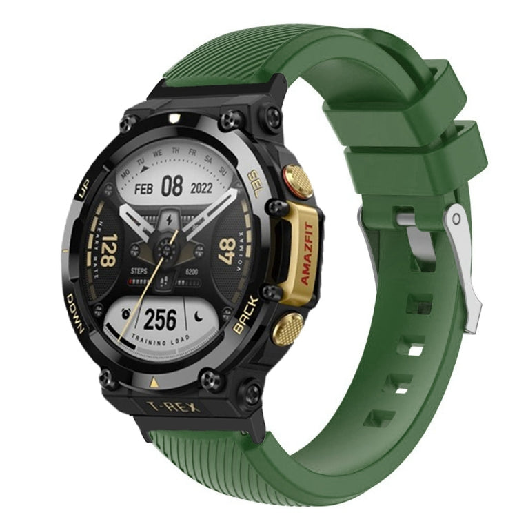 Army green silicone twill watch band for Amazfit T-Rex 2, textured ridged strap with buckle.