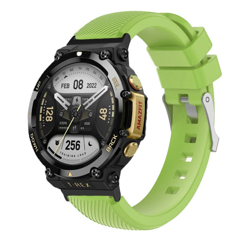 Light green silicone twill watch band for Amazfit T-Rex 2, textured ridged strap with buckle.