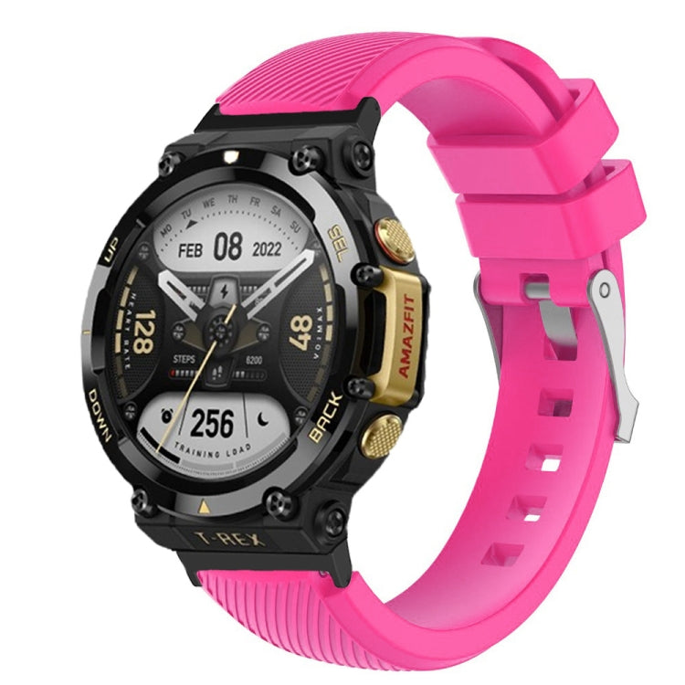 Rose red silicone twill watch band for Amazfit T-Rex 2, textured ridged strap with buckle.