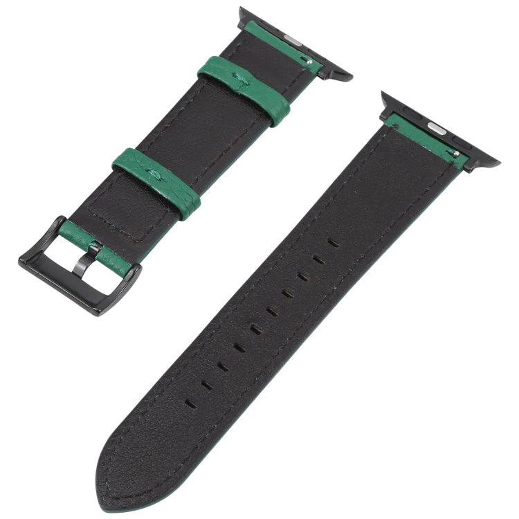 Black litchi-texture leather Apple Watch band with green strap accents and metal clasp