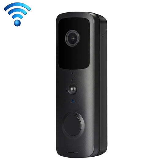 Black wired smart video doorbell with camera lens and round doorbell button