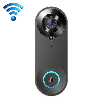 Black smart doorbell with wide-angle camera and blue Wi-Fi icon