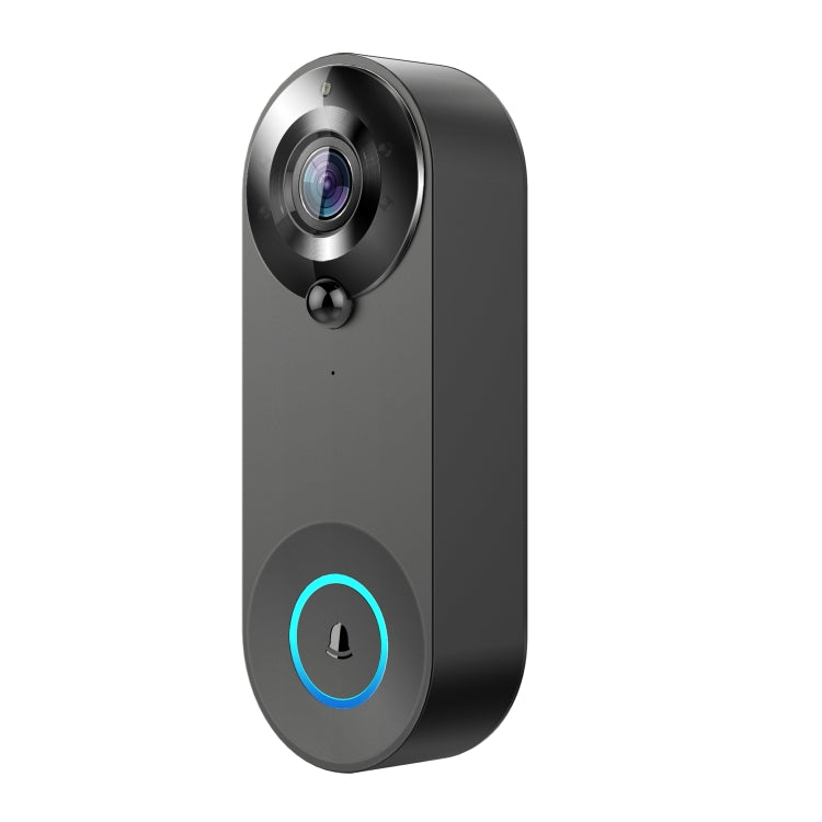 Black smart doorbell front view with camera lens and illuminated door button