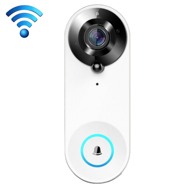 White smart doorbell with wide-angle camera lens and blue doorbell ring light