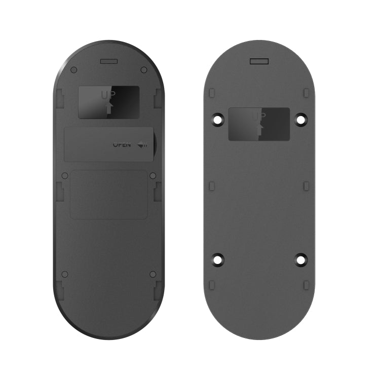 Black smart doorbell backplate with mounting holes and wiring access
