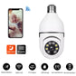 White WiFi light bulb security camera with smartphone app view and night-vision icons