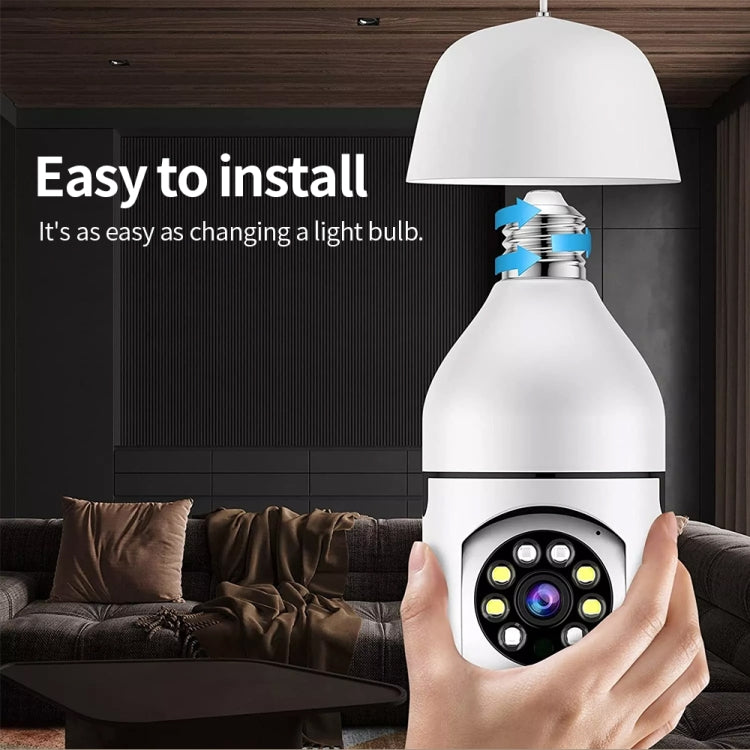White WiFi light bulb security camera installed overhead, hand holding bulb near lens