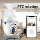 White bulb security camera with PTZ rotation diagram and smartphone app control