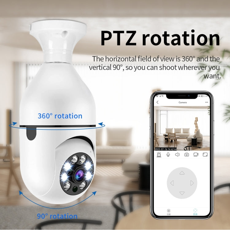 White bulb security camera with PTZ rotation diagram and smartphone app control