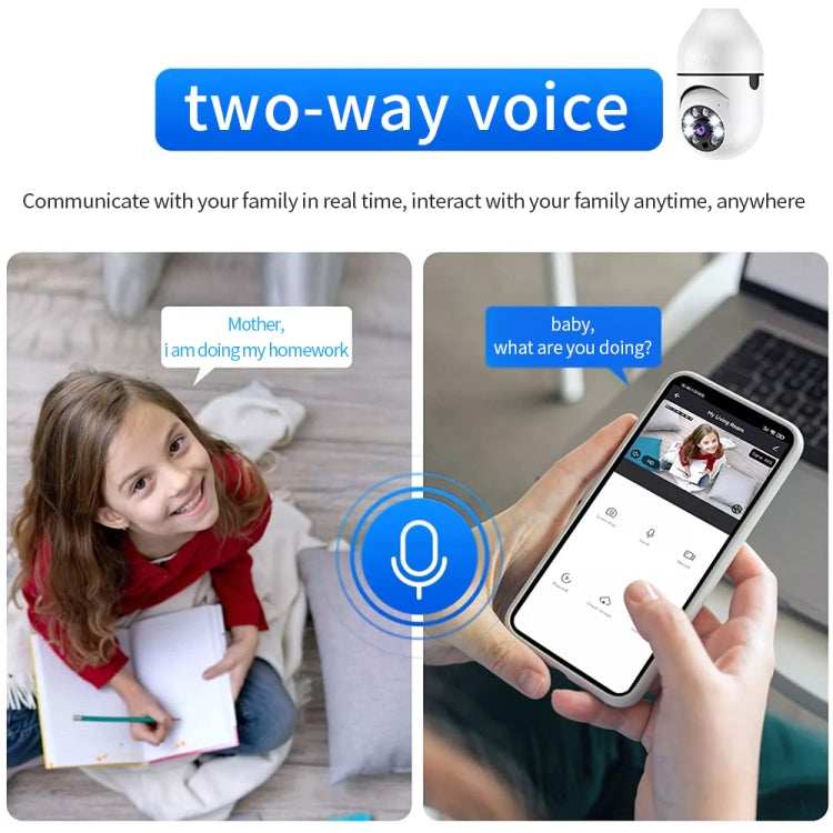 White WiFi bulb camera with two-way voice chat shown on smartphone app