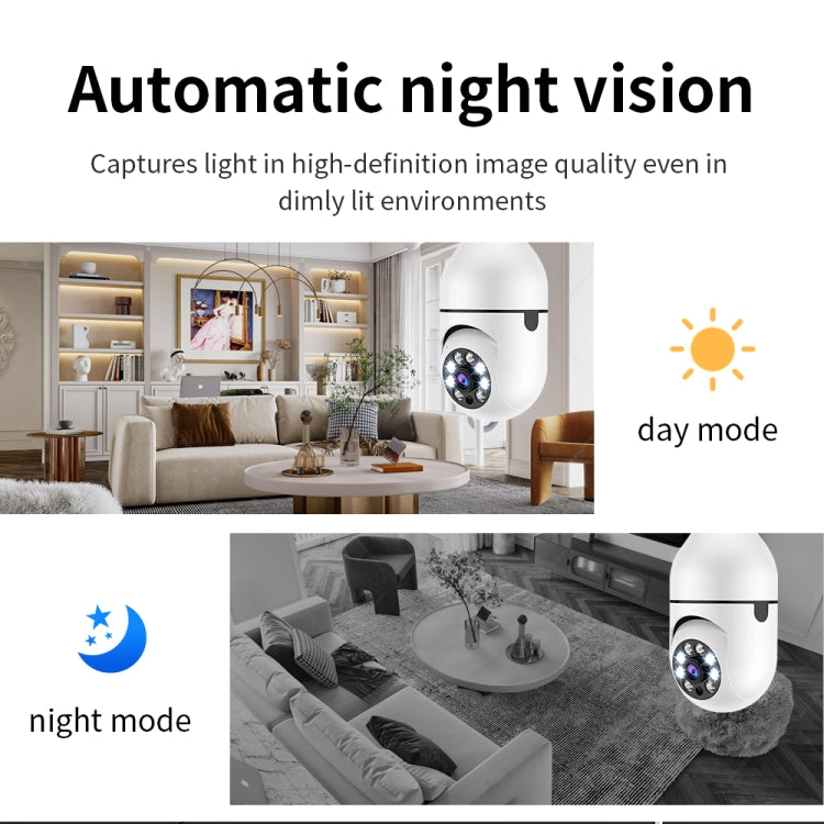 White bulb security camera with automatic night vision day and night mode indicators