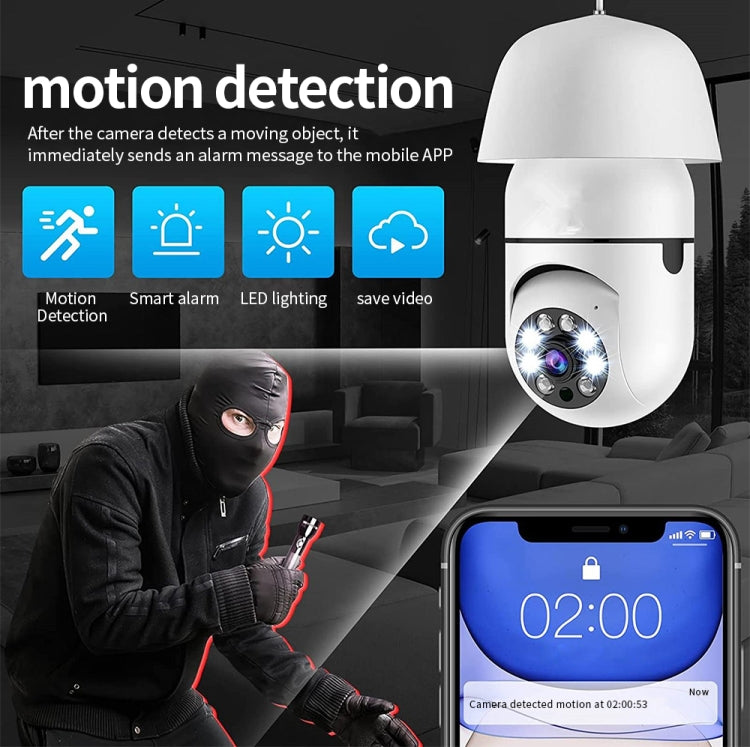 White WiFi light bulb camera with motion detection icons and front lens view