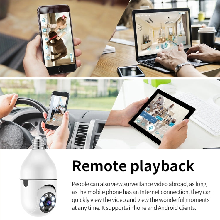 White WiFi bulb camera with remote playback shown on smartphone app
