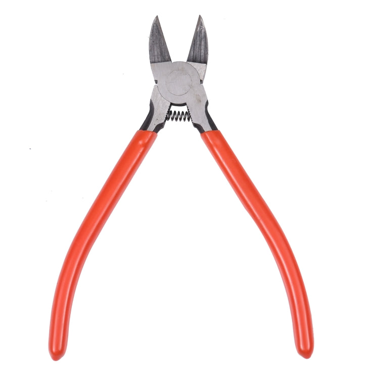 Sharp cutter pliers with orange handles and two pointed jaws