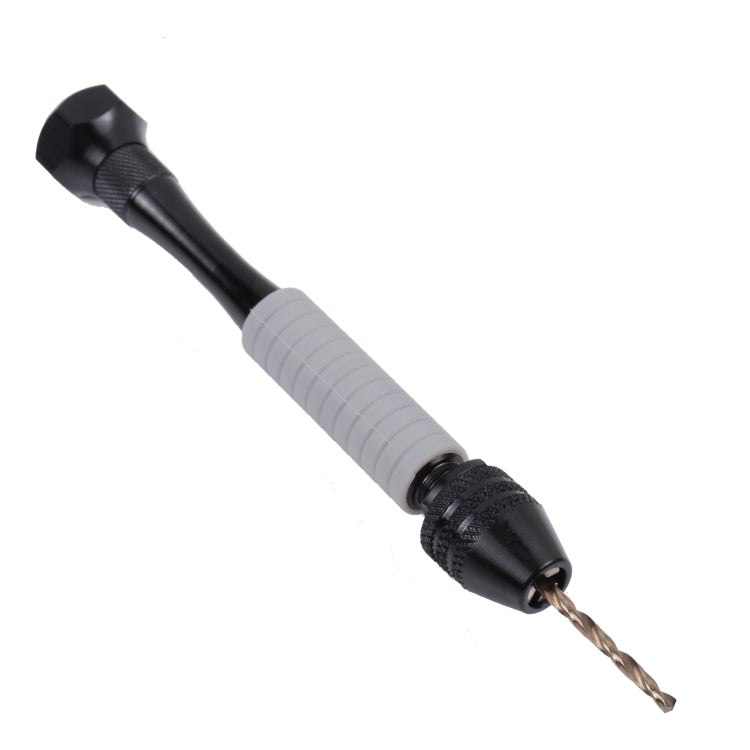 Mini precision pin vise hand drill with gray grip and twist bit