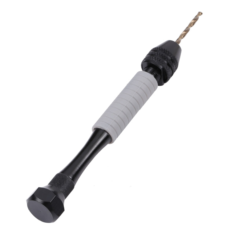 Mini hand drill pin vise with twist drill bit and ribbed gray grip