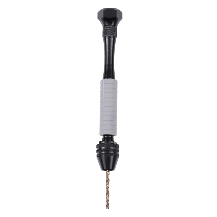 Precision pin vise hand drill with dark handle and metal drill bit