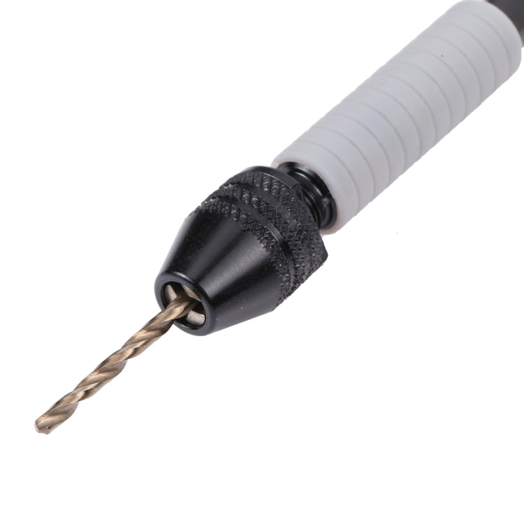 Twist drill bit held in pin vise chuck on ribbed gray handle