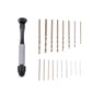 Pin vise hand drill with multiple small metal twist drill bits