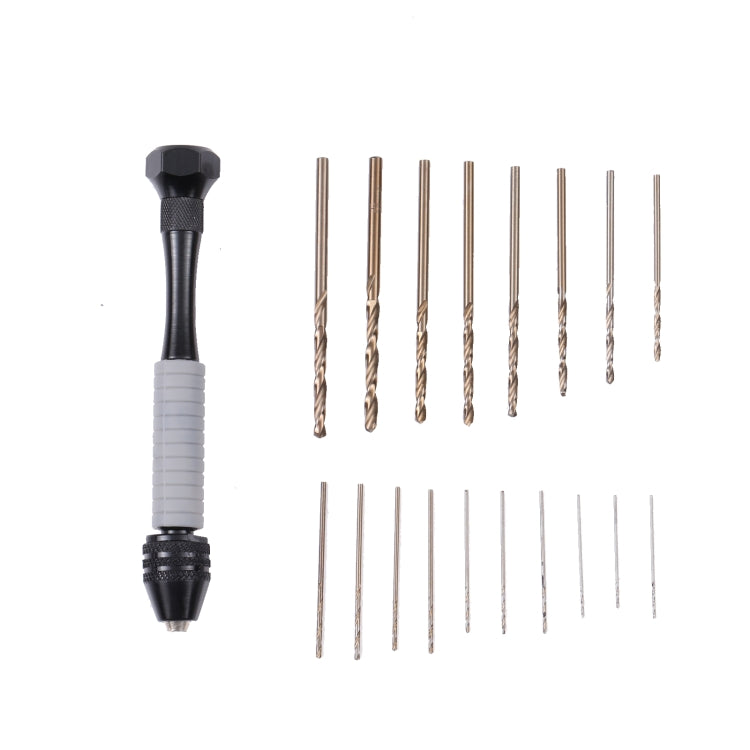 Pin vise hand drill with multiple small metal twist drill bits