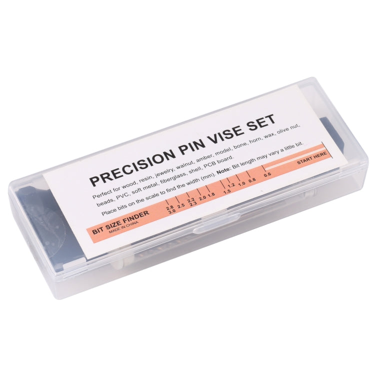 Precision pin vise set plastic case with bit size finder label