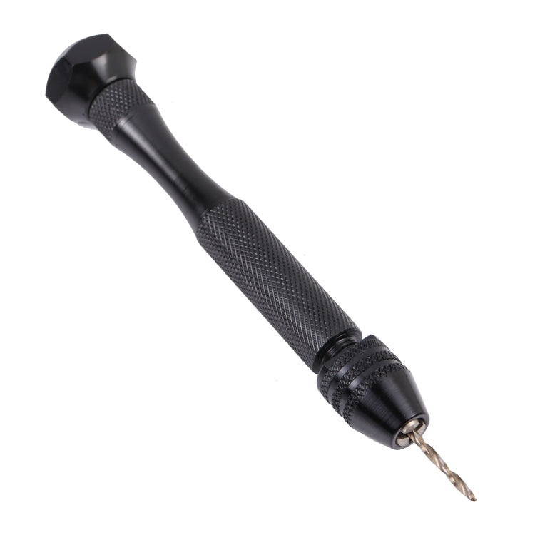 Mini pin vise hand drill with black grip and metal twist drill bit