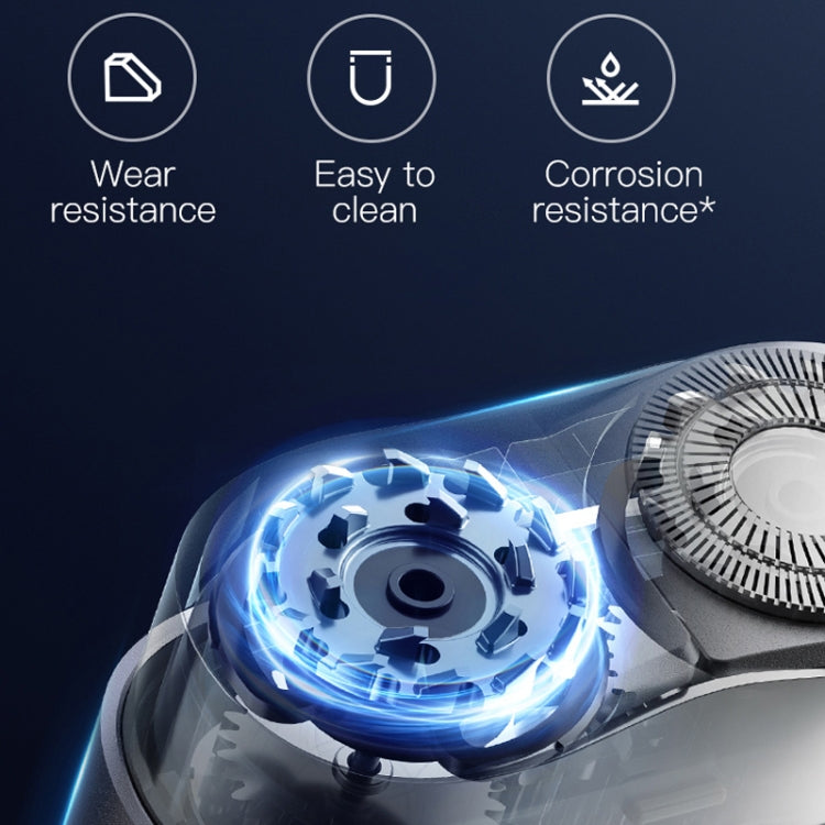 Electric shaver shaving head with circular blades and illuminated motor core view