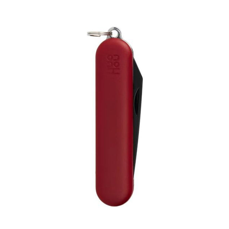 Red foldable mini knife with key ring, closed