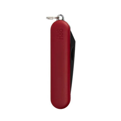 Red foldable mini knife with key ring, closed