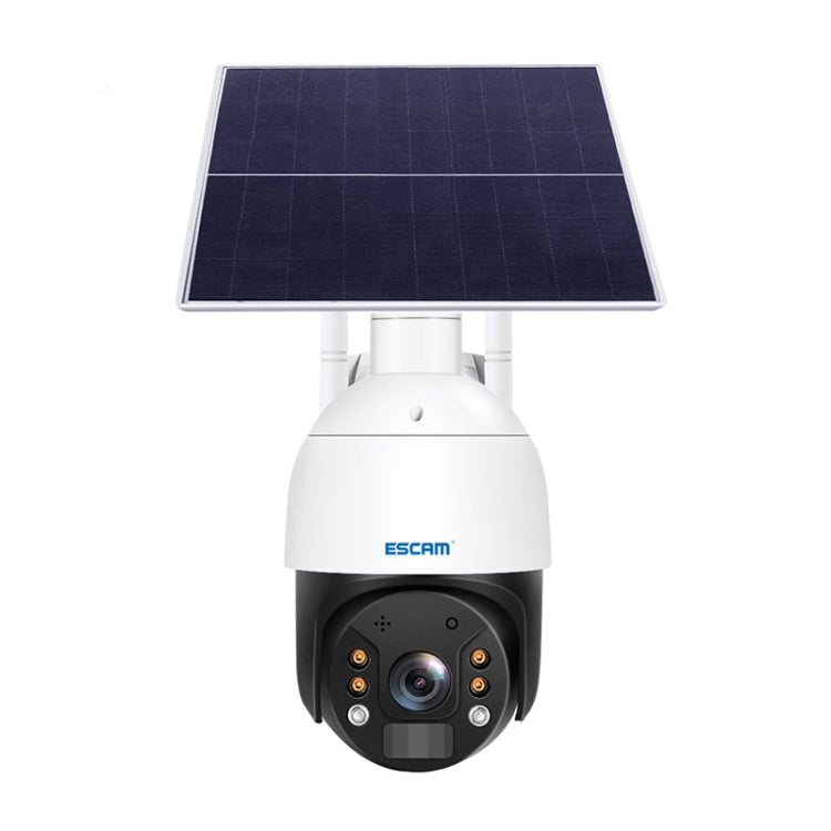 ESCAM solar-powered security camera with white housing and dark rotating lens unit