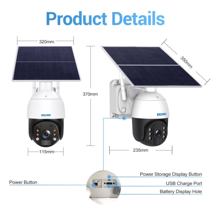 ESCAM solar security camera with side ports and power button, white and dark housing