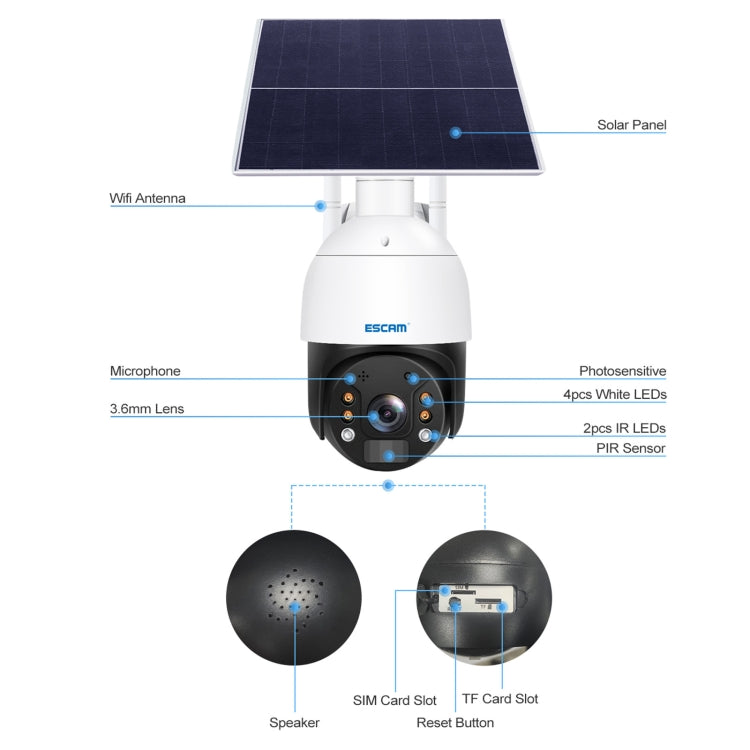 ESCAM solar security camera showing mic, speaker, and card slots on the white dome body