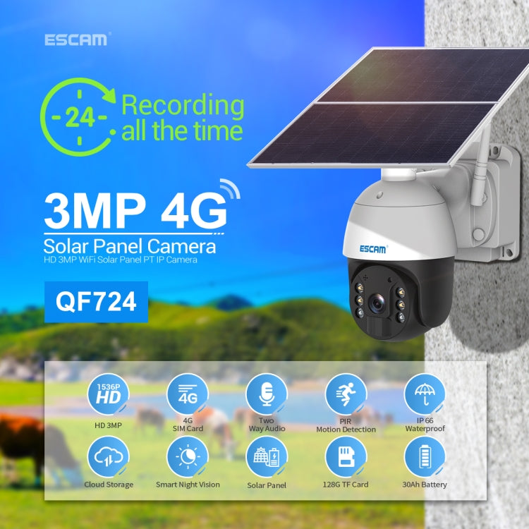 Outdoor mounted ESCAM solar security camera with white body and dark rotating lens