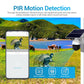 ESCAM solar security camera with smartphone app preview showing alarm and recording controls