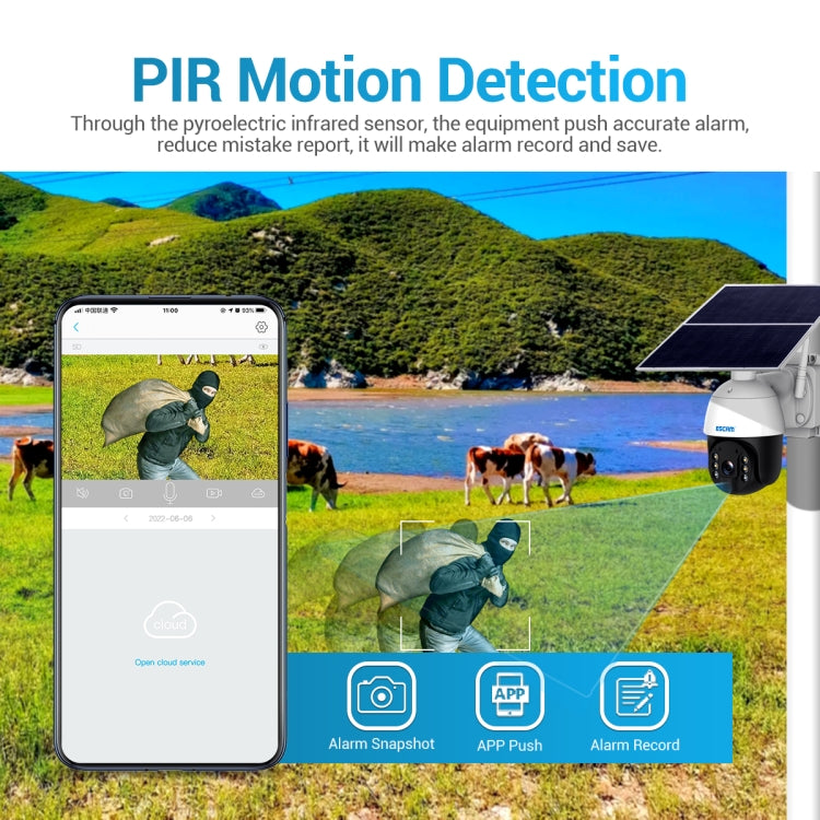 ESCAM solar security camera with smartphone app preview showing alarm and recording controls