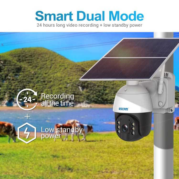 Wall-mounted ESCAM solar security camera with white housing and dark rotating lens