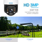 Close-up of ESCAM security camera front with multiple lens controls and dark dome face