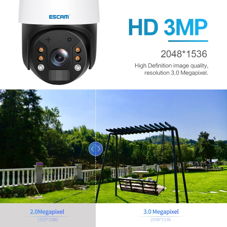 Close-up of ESCAM security camera front with multiple lens controls and dark dome face