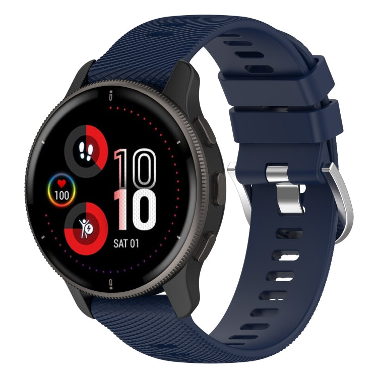Navy cross-textured silicone smartwatch band with perforated clasp and metal adjuster
