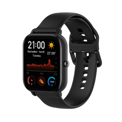 Black soft silicone smartwatch band with adjustable holes and clasp.