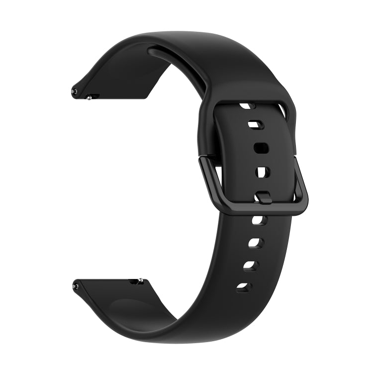 Black soft silicone smartwatch band with buckle and row of adjustment holes.