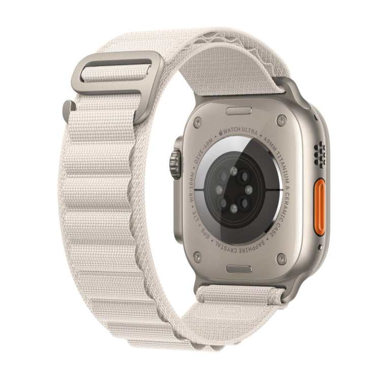 Nylon loop watch band for Apple Watch, starlight white strap shown from the back side.
