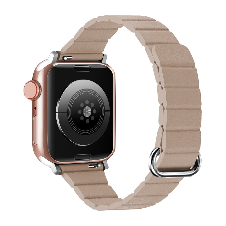 Magnetic watch band with reverse buckle, beige fabric strap and silver-tone clasp ring