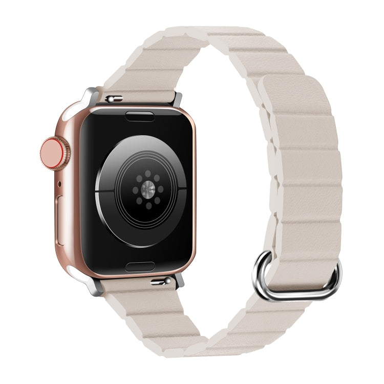 Magnetic watch band with reverse buckle, off-white fabric links and silver-tone clasp